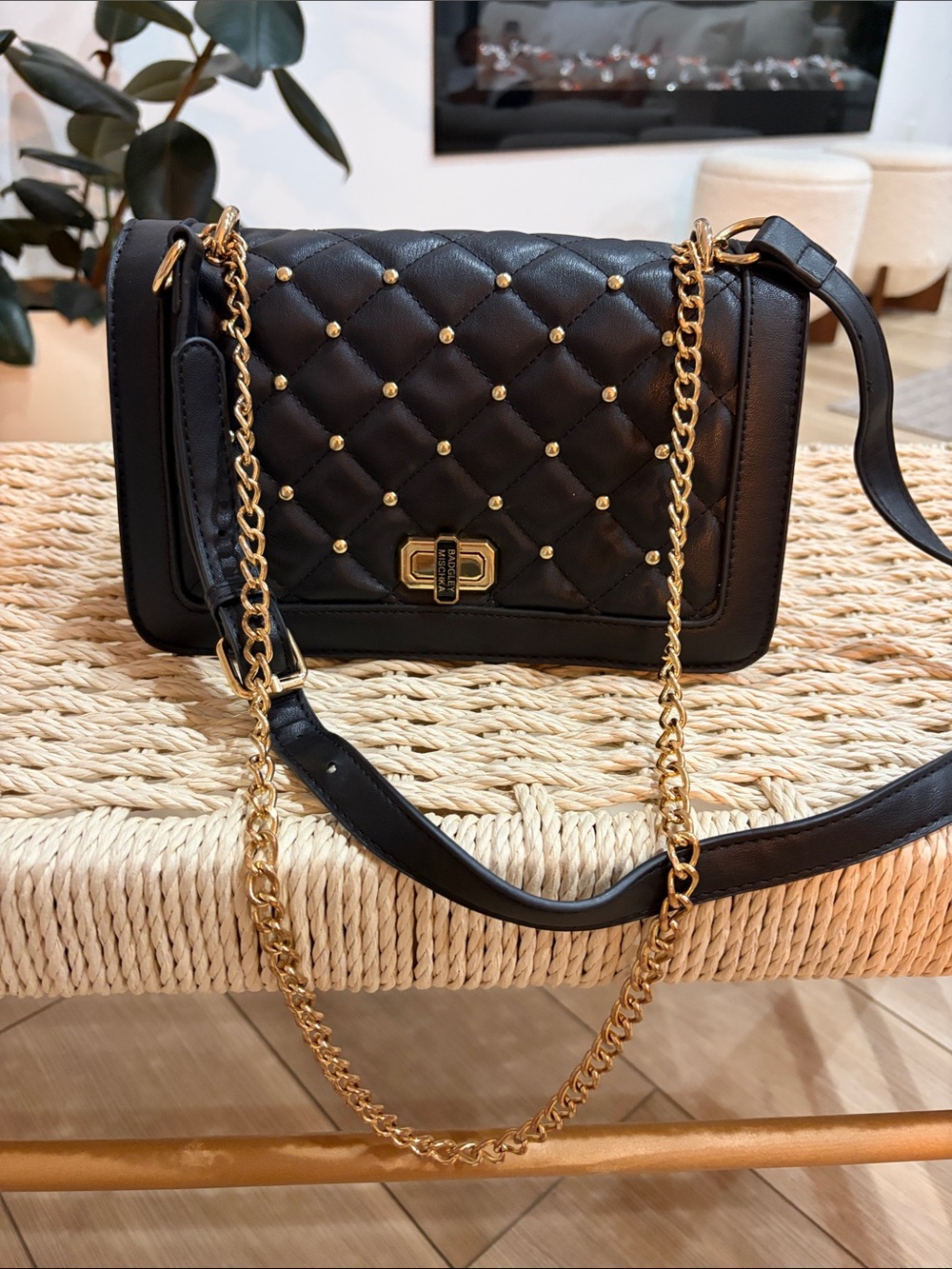 Badgley Mischka Black Quilted Crossbody Bag with Gold Hardware
